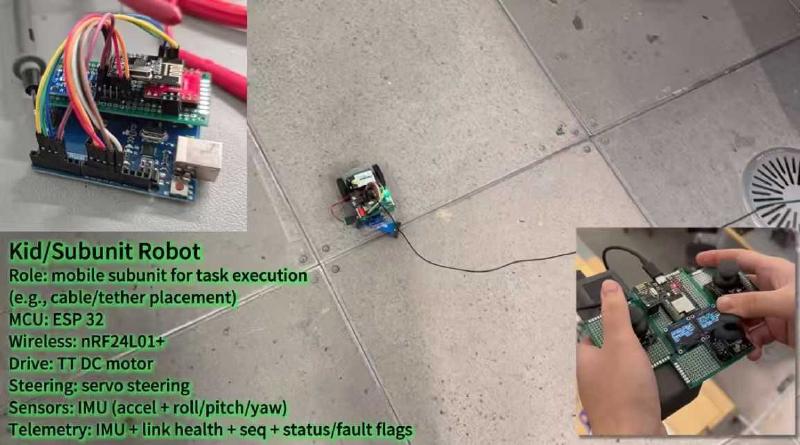 Kid/Subunit Robot — ESP32-based mobile sub-unit with nRF24L01+ wireless, servo steering, and IMU telemetry