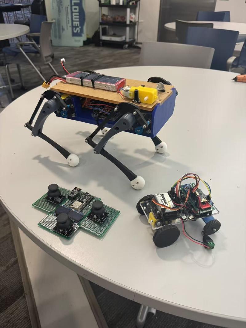 The complete TachyAstroach rover system — mother rover, daughter sub-unit, and custom joystick controller